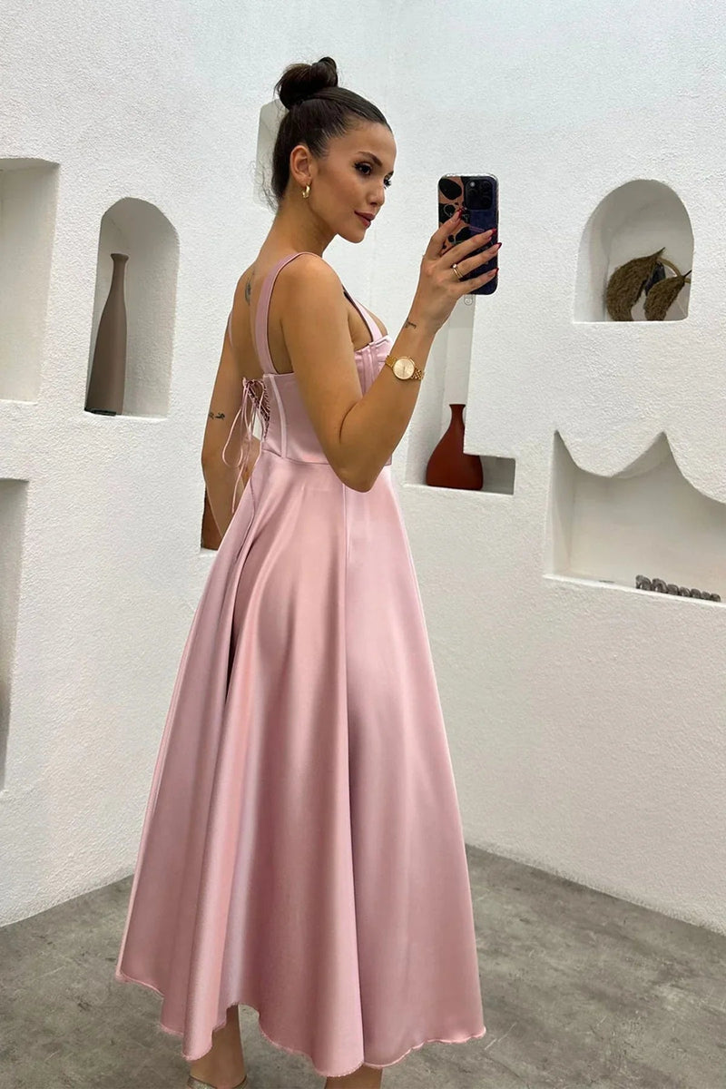Women's Powder Pink Midi Arkadan Tie Gloplu Evening Gown,Balo,Mezuniyet Dresssi