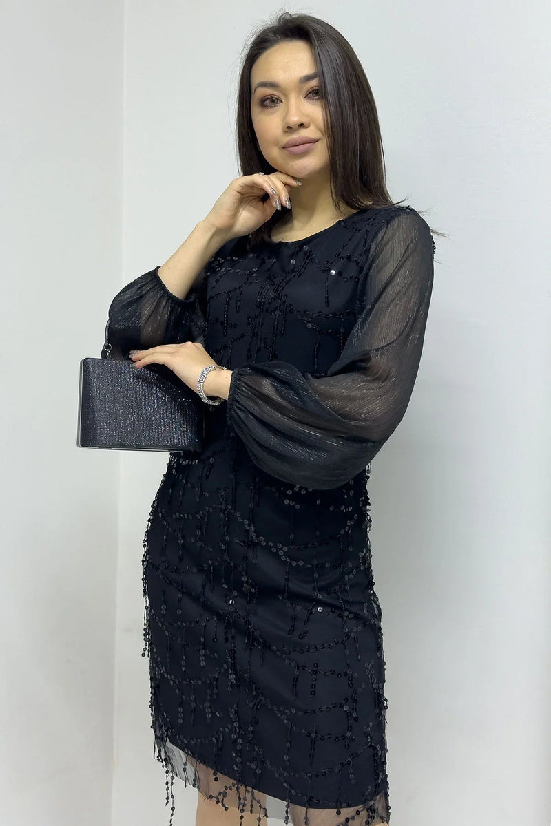 Women's Black Plus Size Chiffon Pulpayet Evening Gown