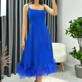 Saxe Blue Strap Flared Skirt Tulle Detail Midi-Lenght Evening Dress
