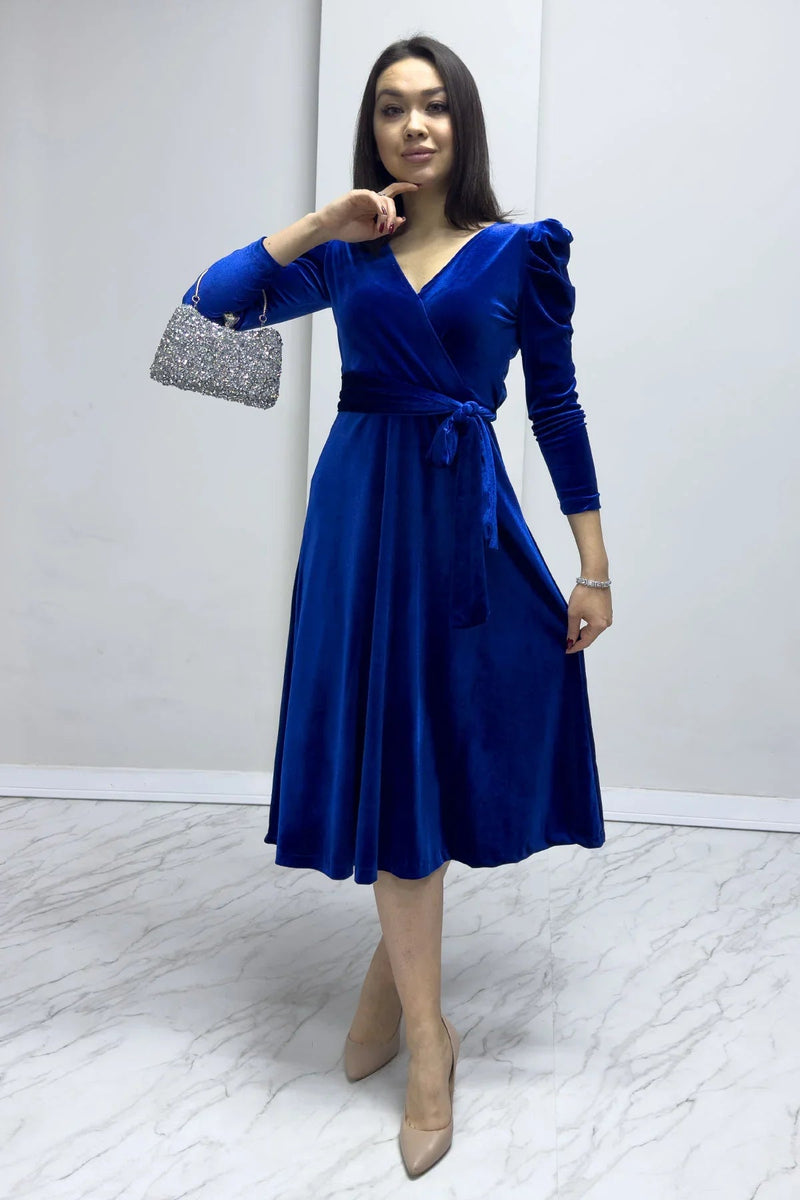 Women's Saxe Karpuz Sleeve Wrap Velvet Belted Plus Size Dress