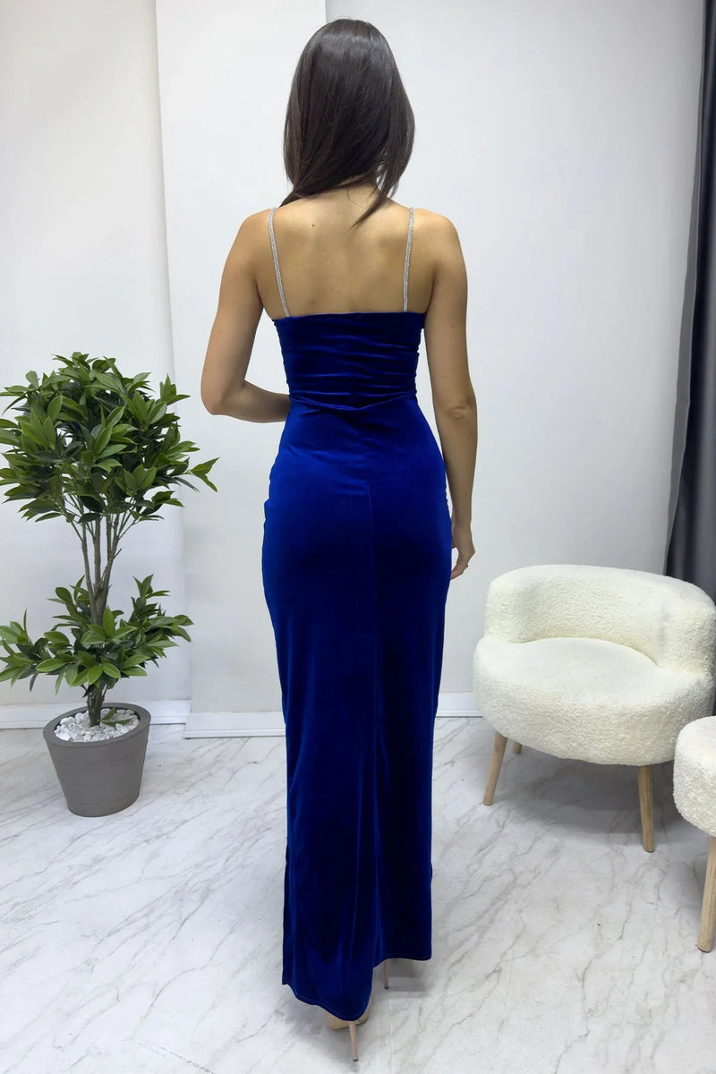 Women's Saxe Taş İnce Strap Slit Velvet Yeni Sezon Evening Gown