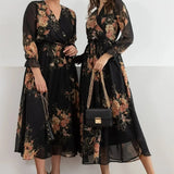 Yellow Flower Patterned Midi Chiffon Dress