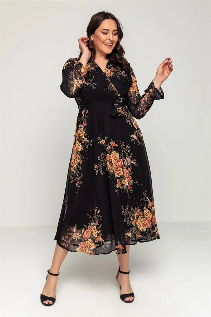 Women's Yellow Çiçek Patterned Wrap Neck Chiffon Plus Size Dress