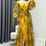 Yellow Off-Shoulder Floral Pattern Evening Dress