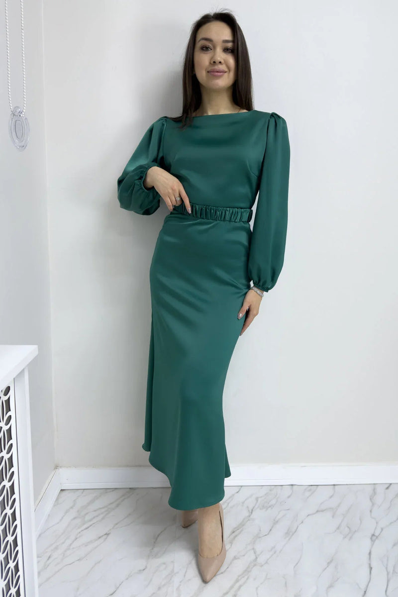 Women's Emerald Green Belted Balloon Sleeve Midi Satin Plus Size Evening Gown