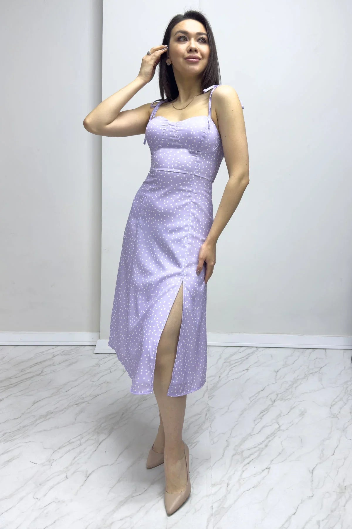 Women's Lilac Puantiye Patterned Satin Strap Dress