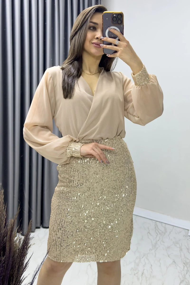 Women's Beige Wrap Neck Sequin Evening Gown
