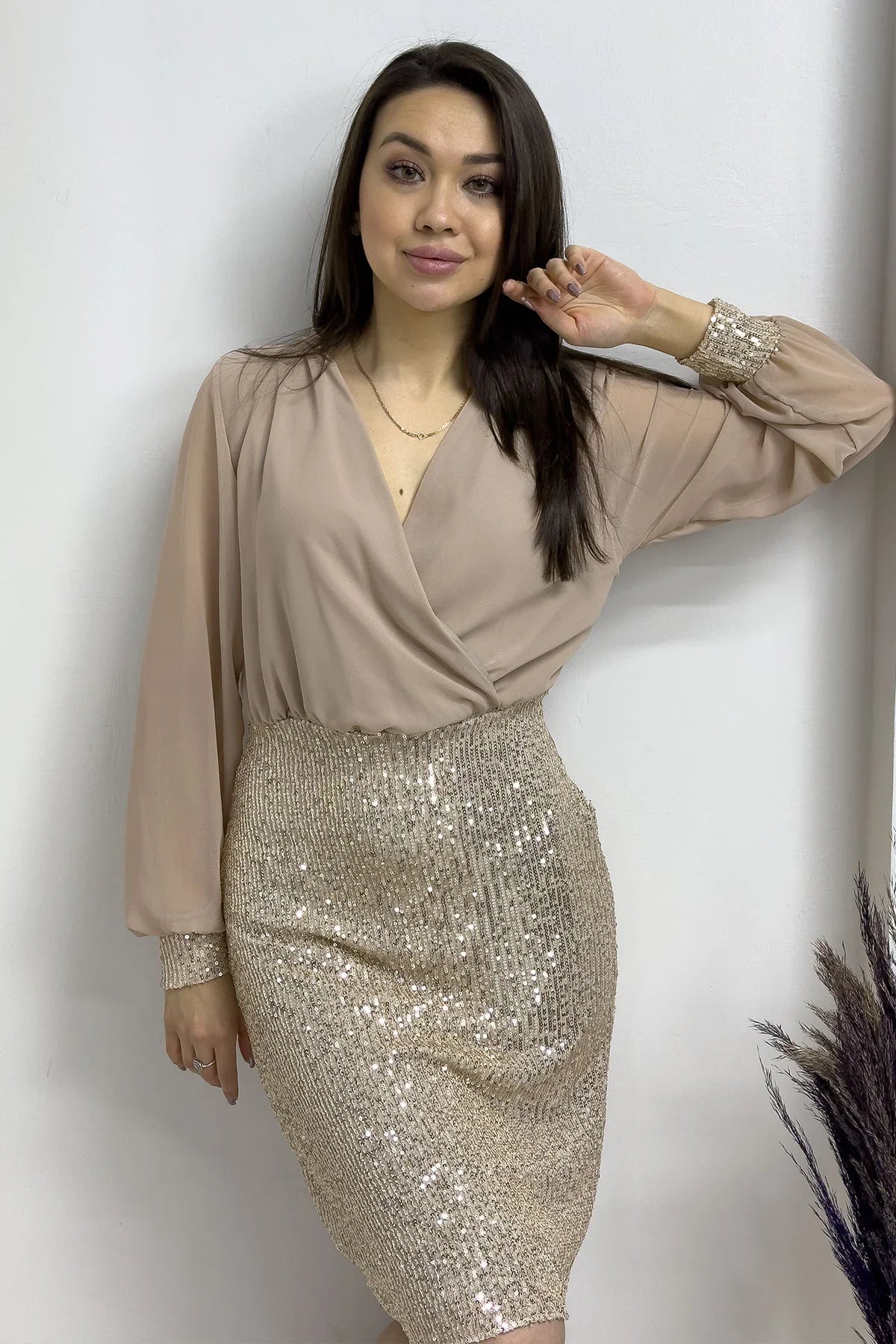 Women's Beige Wrap Neck Sequin Evening Gown