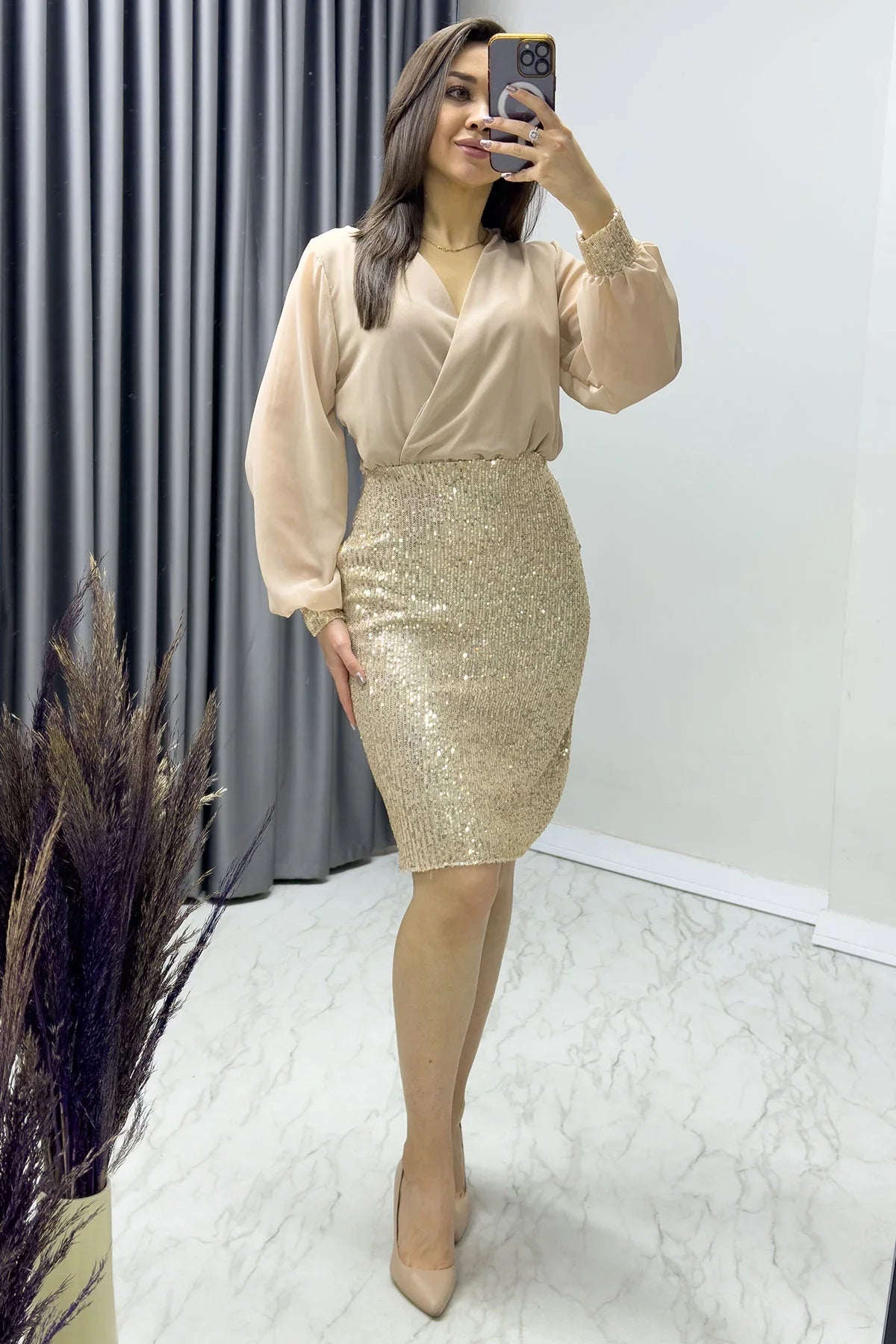 Women's Beige Wrap Neck Sequin Evening Gown