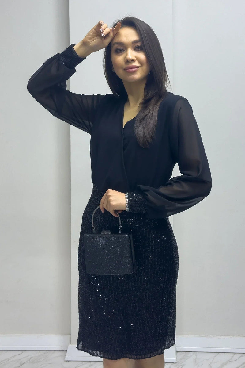 Women's Black Wrap Neck Sequin Evening Gown