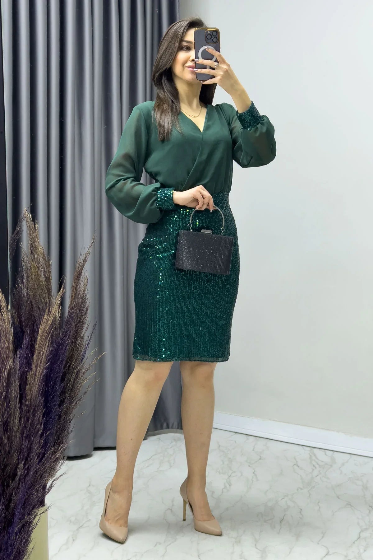 Women's Emerald Green Wrap Neck Sequin Evening Gown