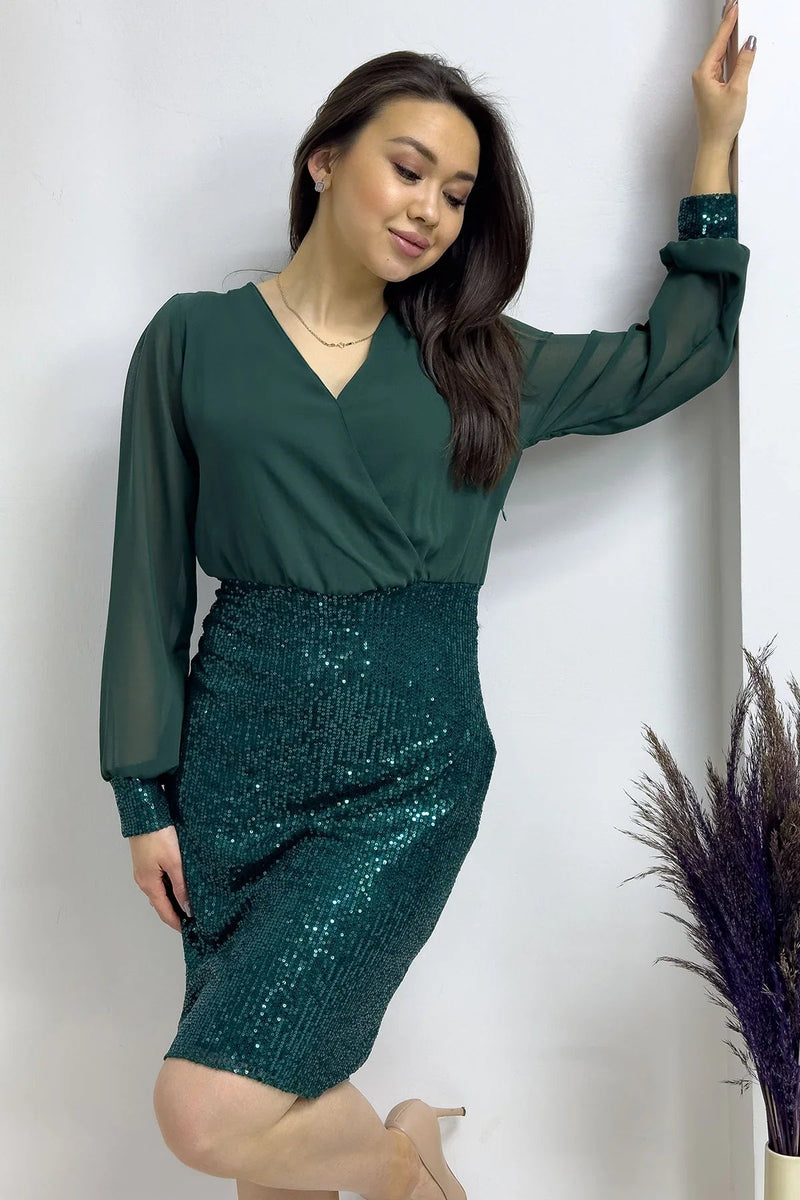 Women's Emerald Green Wrap Neck Sequin Evening Gown