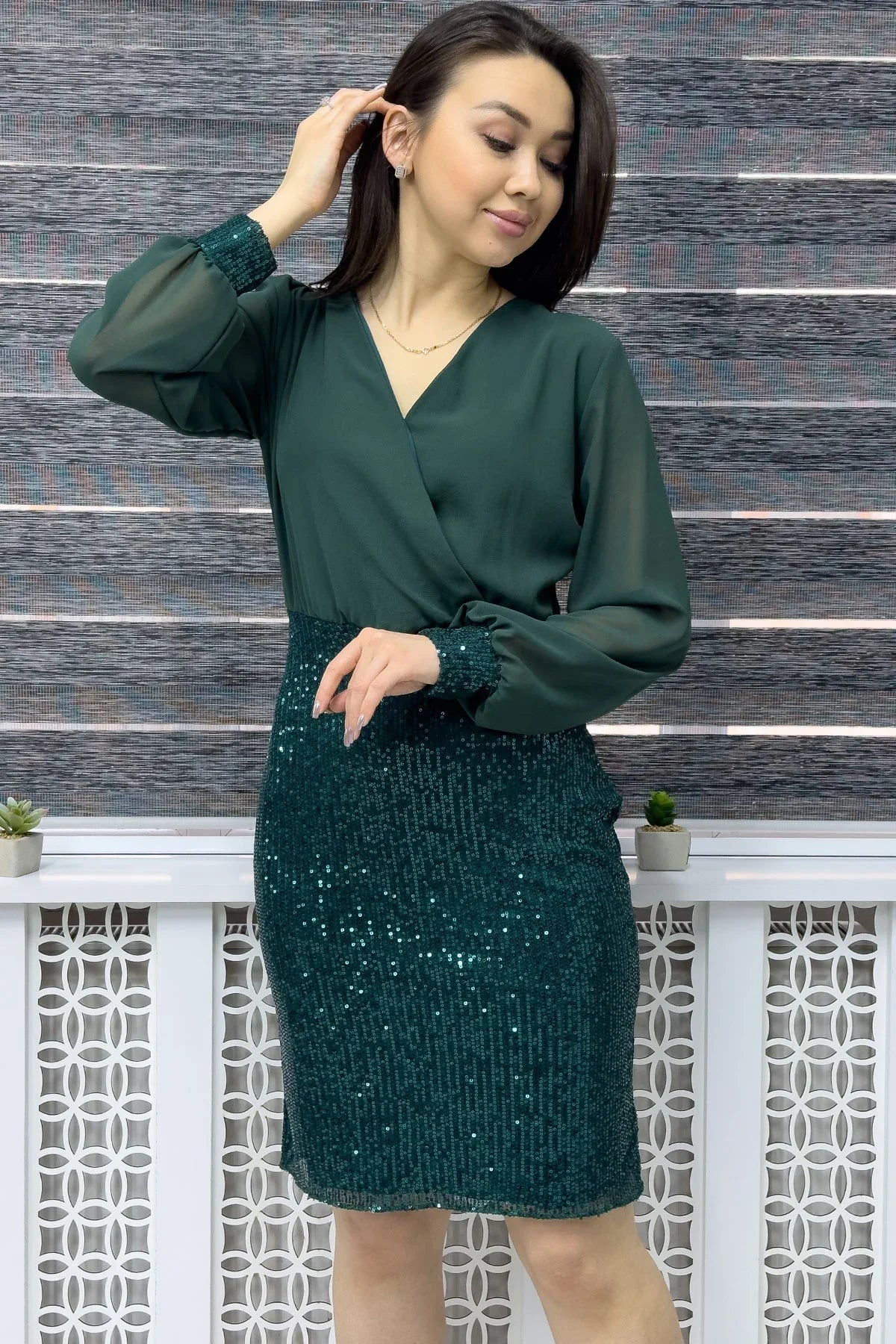 Women's Emerald Green Wrap Neck Sequin Evening Gown