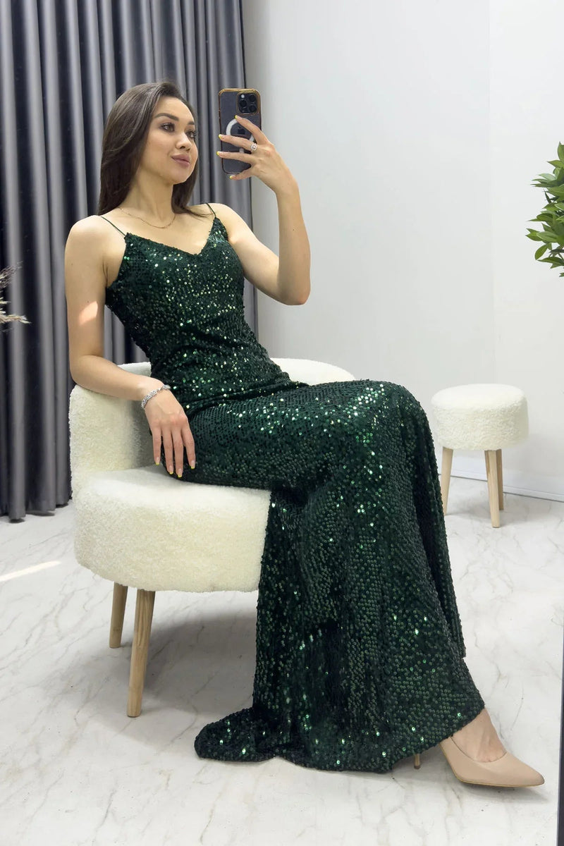 Women's Emerald Green Spaghetti Strap Sırt Dekolte İp Tie Sequin Tasarım Train Evening Gown