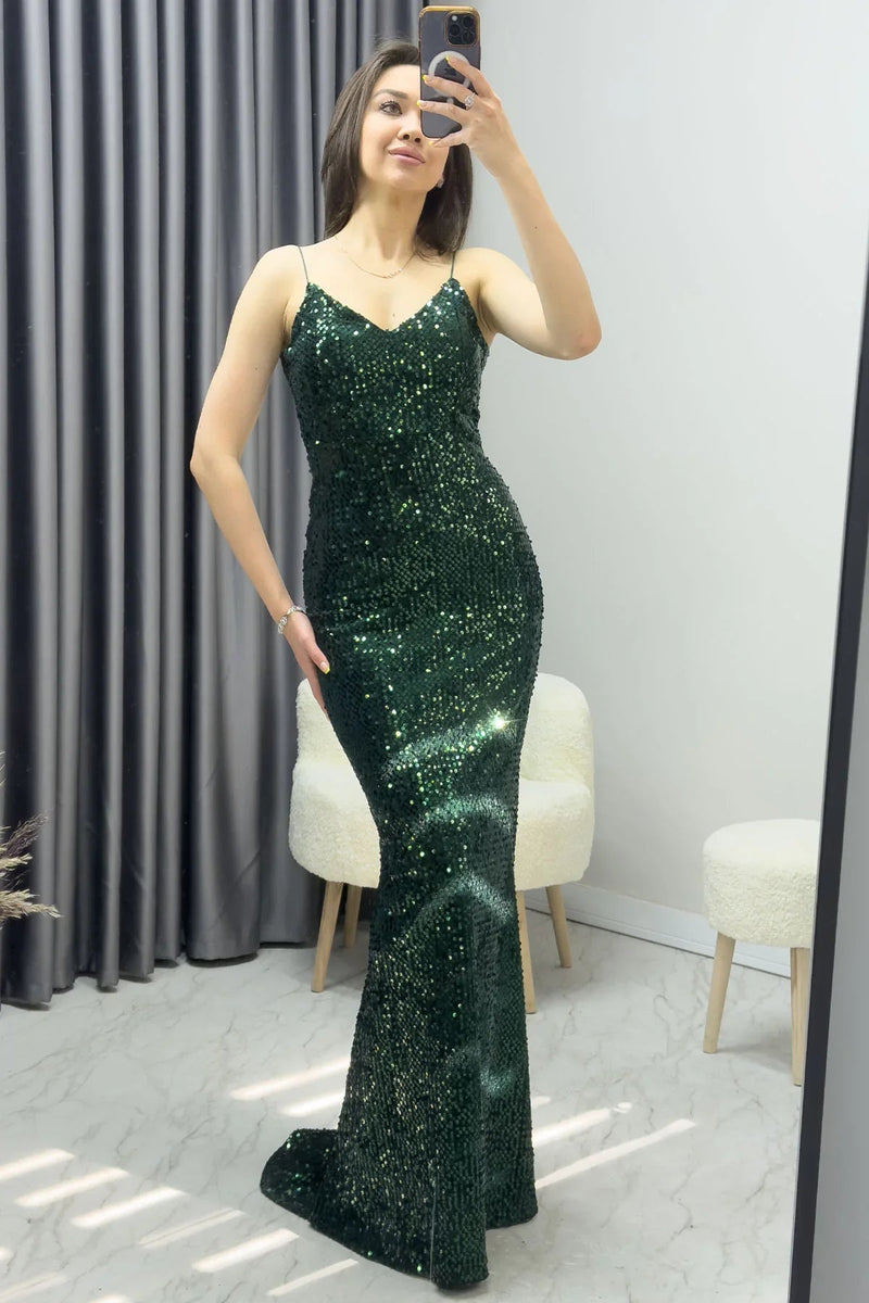 Women's Emerald Green Spaghetti Strap Sırt Dekolte İp Tie Sequin Tasarım Train Evening Gown