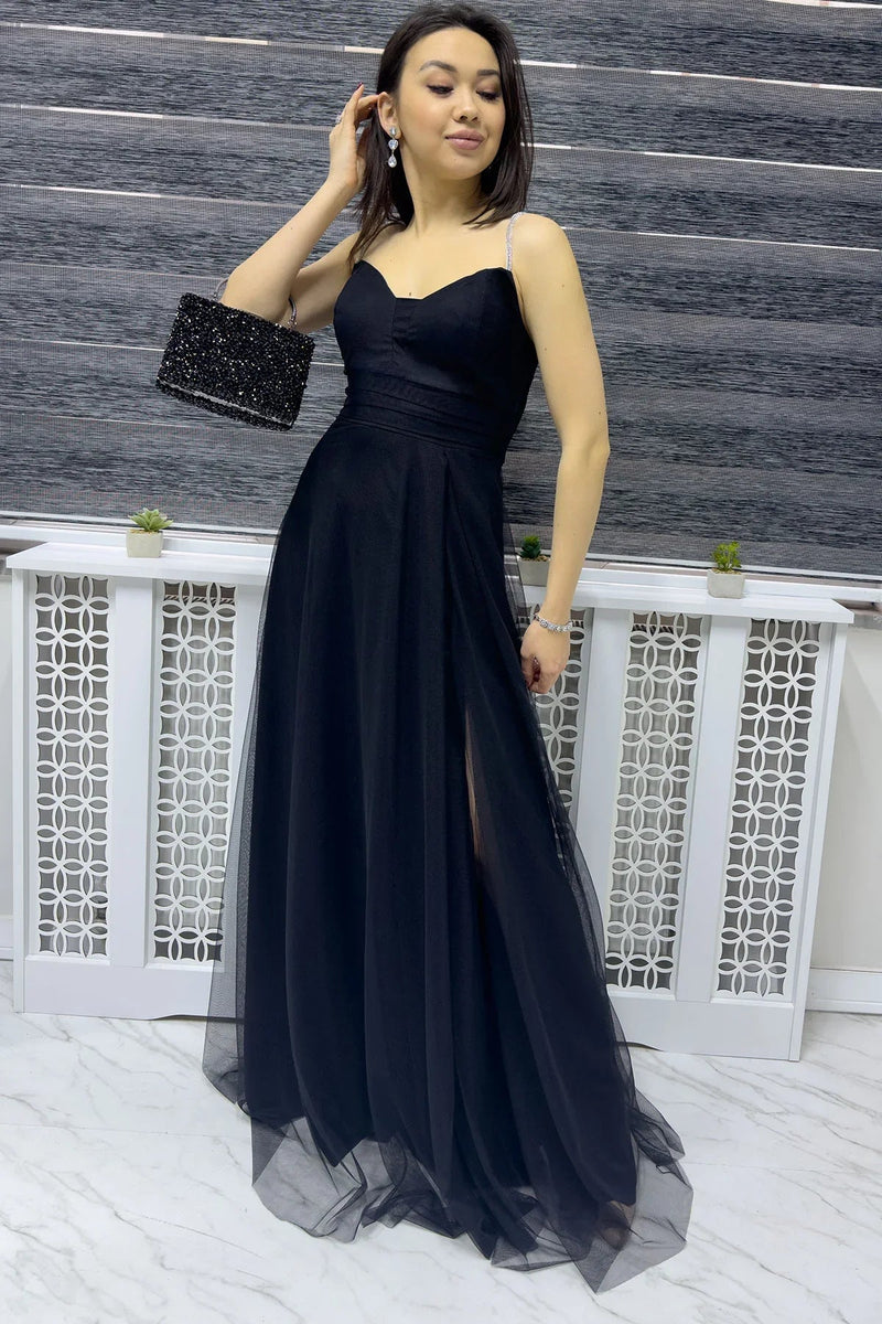 Women's Black Taş Strap Ayarlanabilir Slit Plus Size Evening Gown