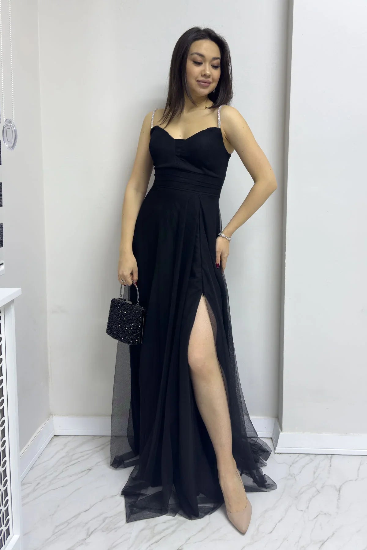 Women's Black Taş Strap Ayarlanabilir Slit Plus Size Evening Gown