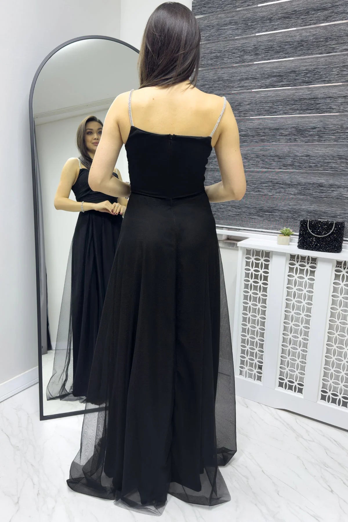 Women's Black Taş Strap Ayarlanabilir Slit Plus Size Evening Gown