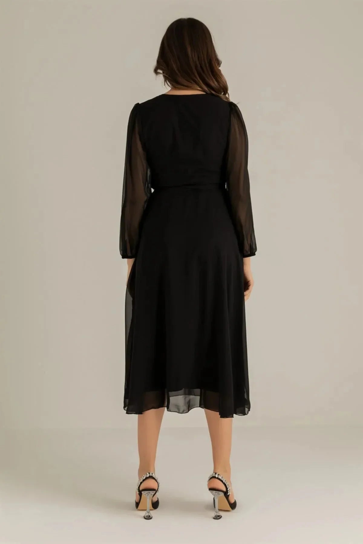 Women's Black Balloon Sleeve Wrap Midi Chiffon Dress