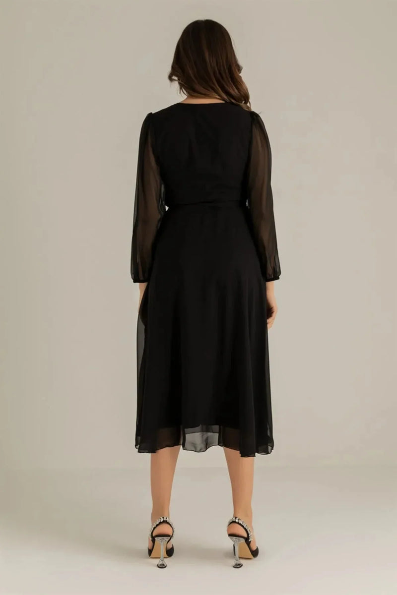 Women's Black Balloon Sleeve Wrap Midi Chiffon Dress