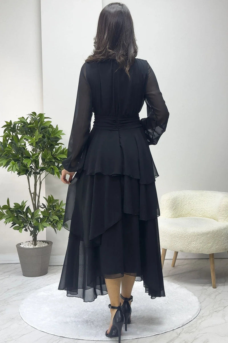 Women's Black High Neck Draped Detail Layered Maxi Chiffon Dress - the ZKS