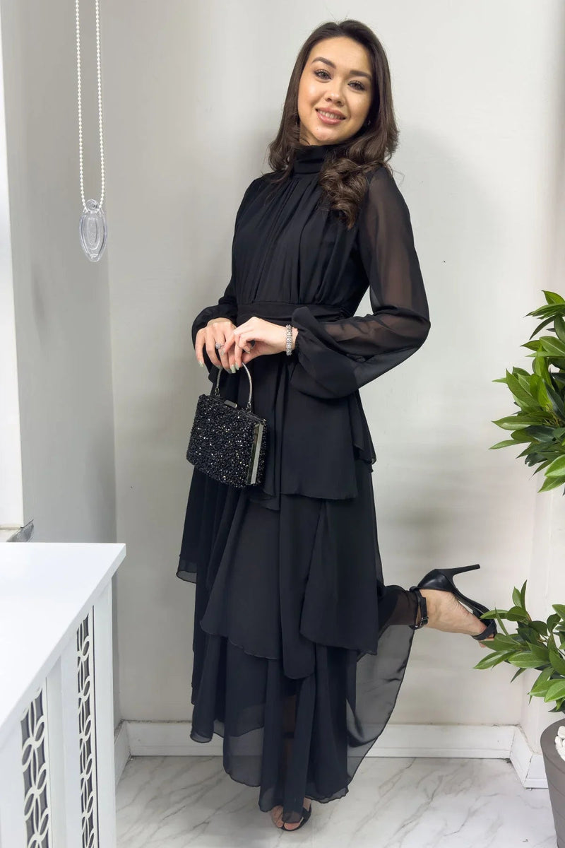Women's Black High Neck Draped Detail Layered Maxi Chiffon Dress - the ZKS