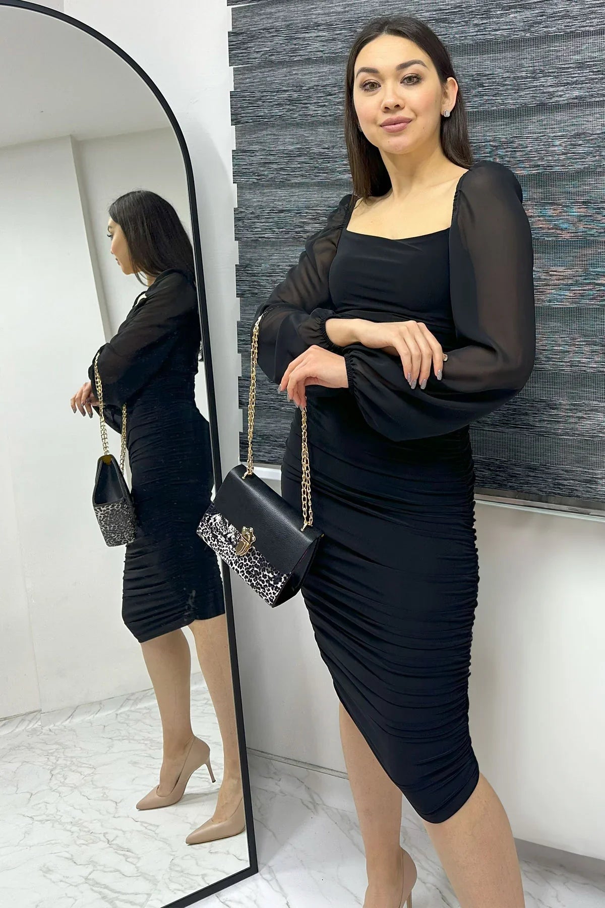 Women's Black Square Neck Draped Dress