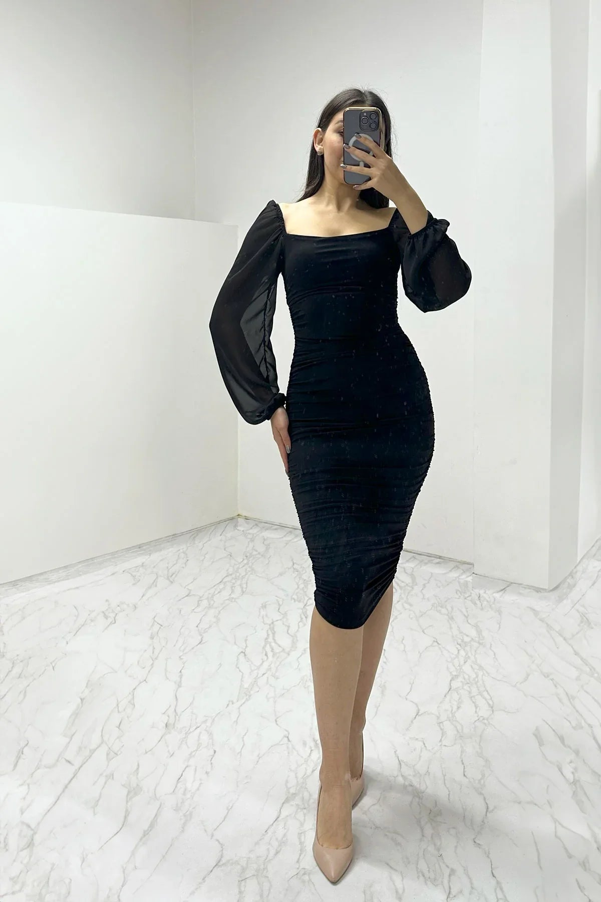 Women's Black Square Neck Draped Dress