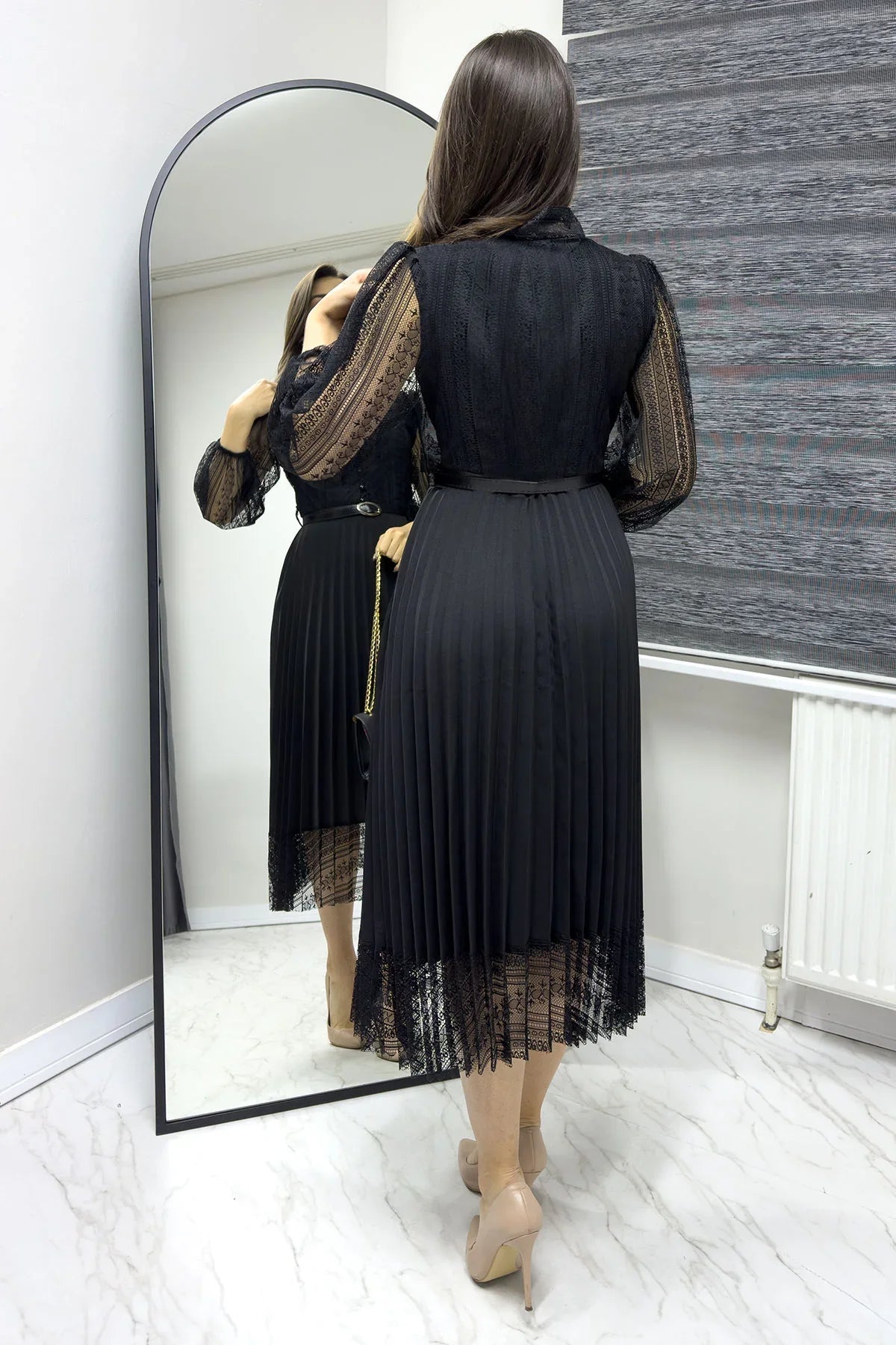 Women's Black Halter Tie Fransız Güpür Piliseli Evening Gown