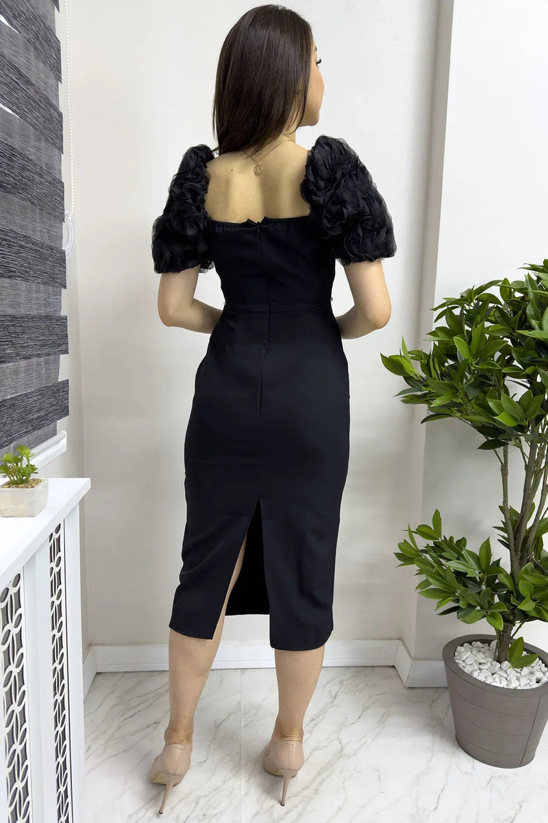 Women's Black İnci detay Pencil Prenses Sleeve Tasarım Dress