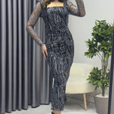 Black Square Neck Glittery Midi-Lenght Evening Dress