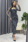 Black Square Neck Glittery Midi-Lenght Evening Dress