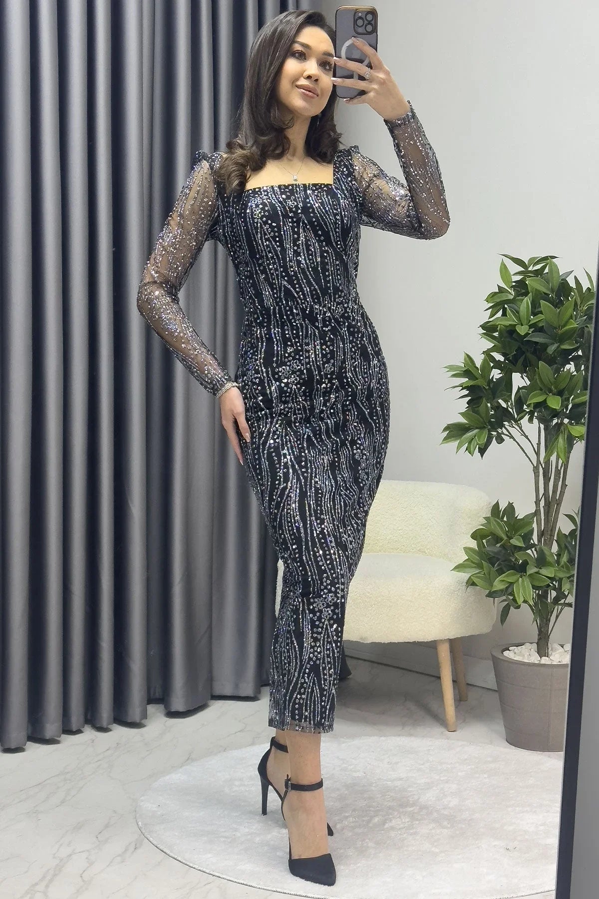 Women's Black Square Neck Silver Glitter Long Sleeve Midi Evening Gown - the ZKS