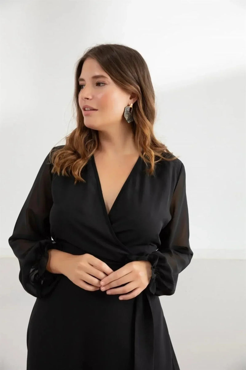 Women's Black Wrap Neck Lined Chiffon Dress