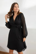 Black Cross-Over Neck Lined Chiffon Dress