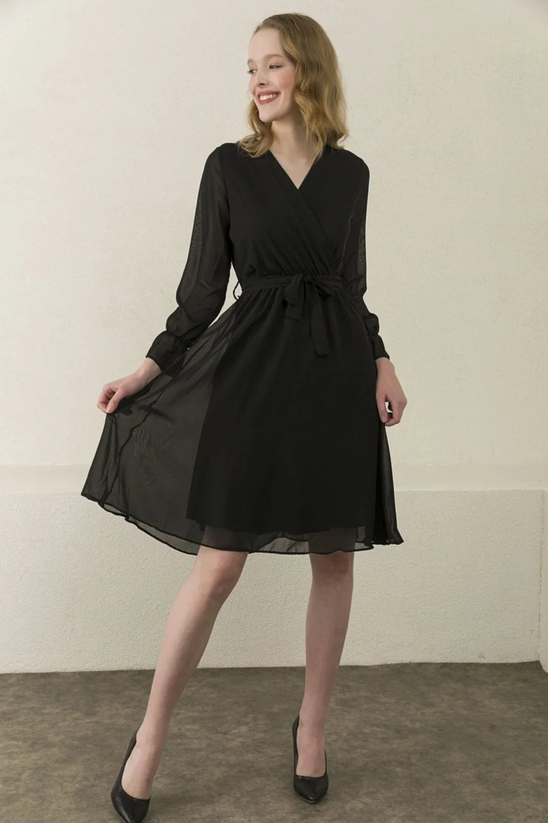 Women's Black Wrap Neck Chiffon Plus Size Short Dress