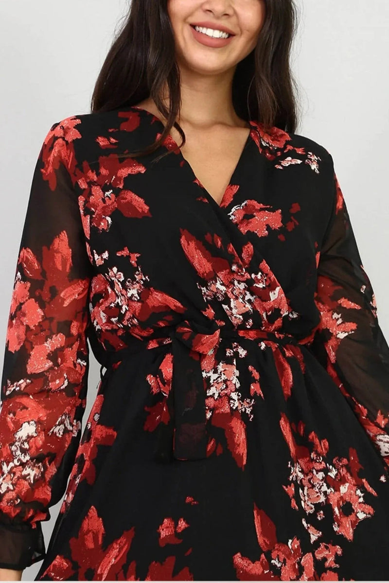 Women's Black Nar Çiçeği Wrap Neck Chiffon Plus Size Short Dress