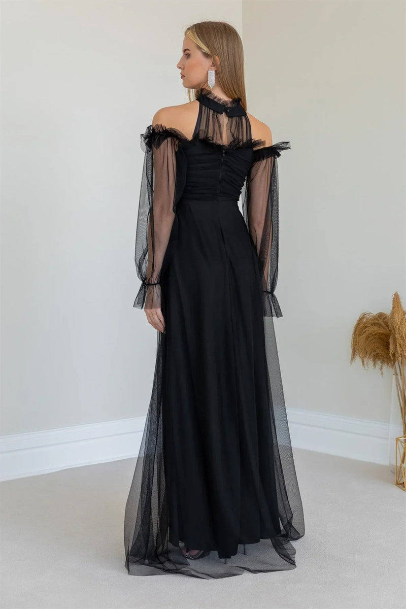 Women's Black Tulle Draped Plus Size Evening Gown