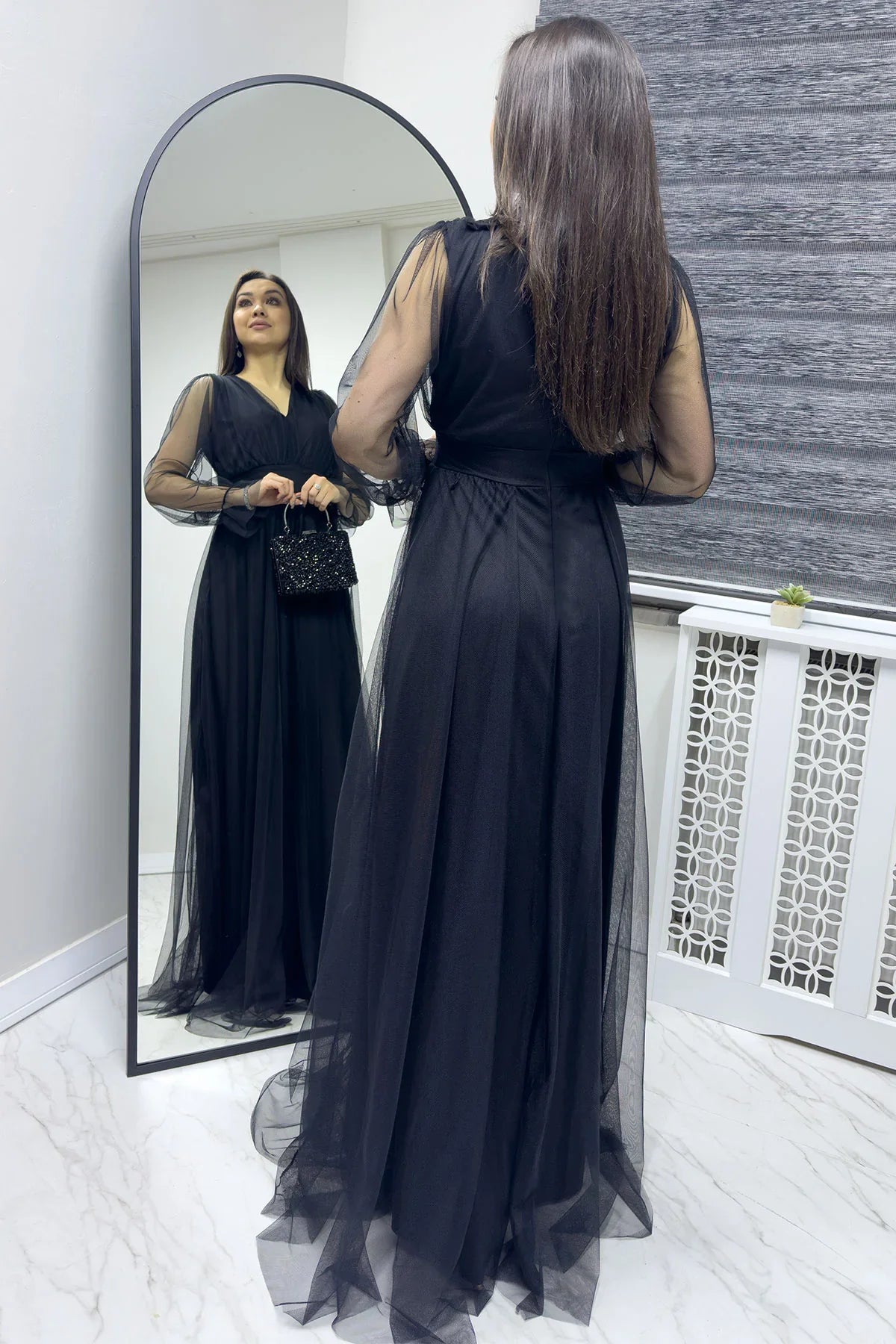 Women's Black V-Neck Tulle Evening Gown