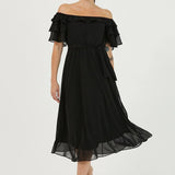 Black Ruffled Madonna Collar Plus Size Chiffon Dress