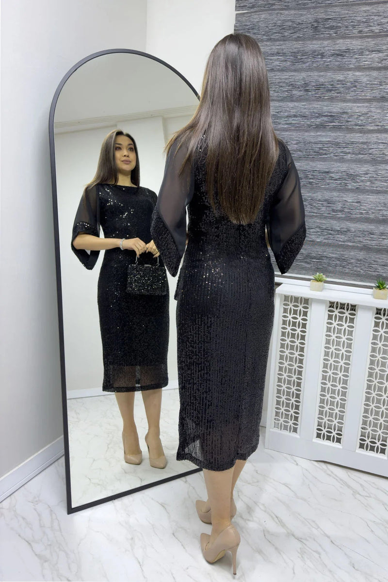 Women's Black Midi Pulpayet Chiffon Tasarım Half Sleeve Plus Size Evening Gown