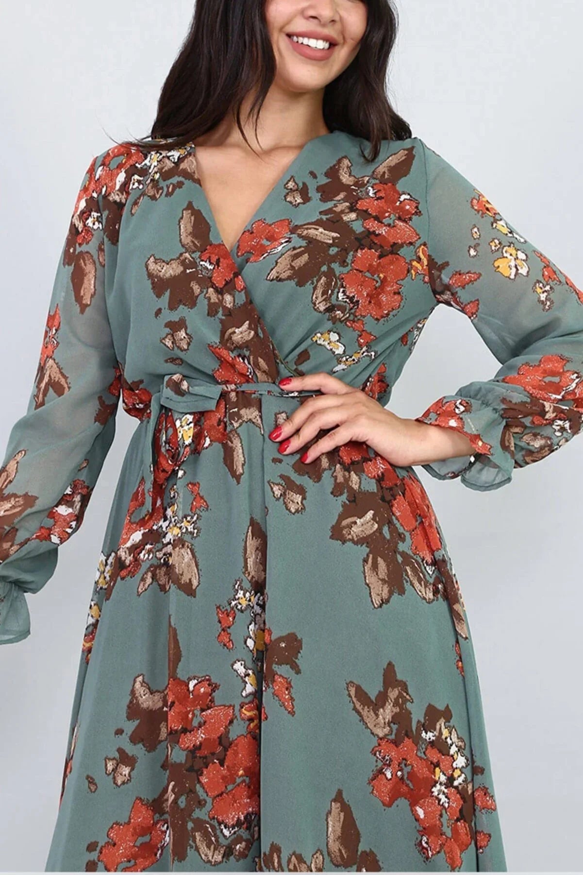 Women's Green Floral Wrap Neck Chiffon Plus Size Short Dress