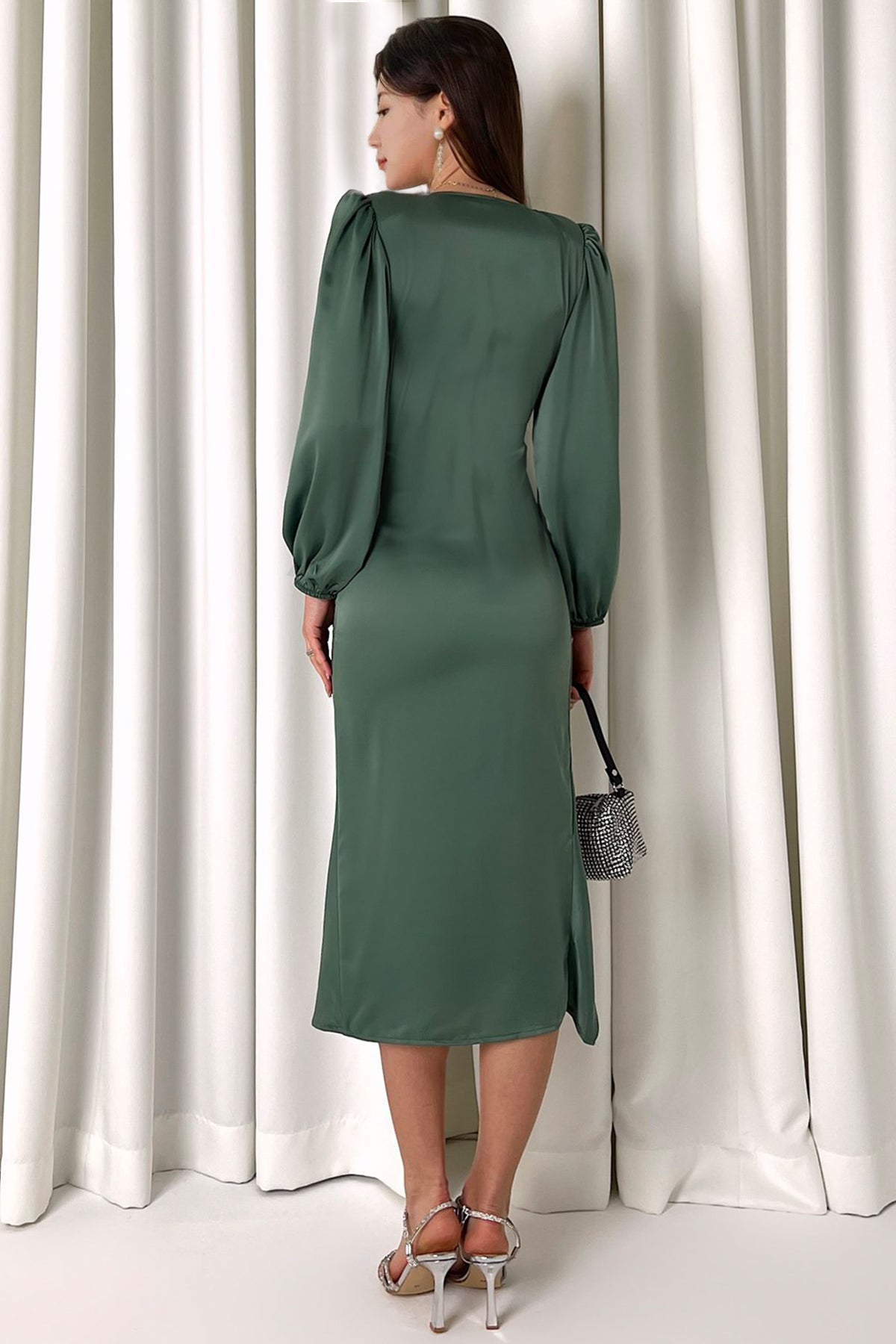 Women's Su yeşili Satin Draped Yırtmaç Detail Balloon Sleeve Plus Size Dress