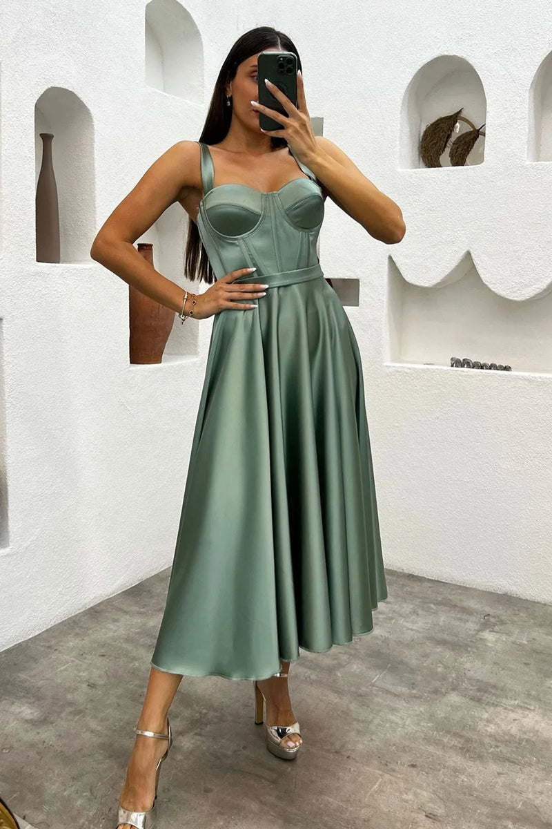 Women's Aqua Green Midi Arkadan Tie Gloplu Evening Gown,Balo,Mezuniyet Dresssi