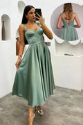 Aqua Green Midi Satin Strappy Evening Dress