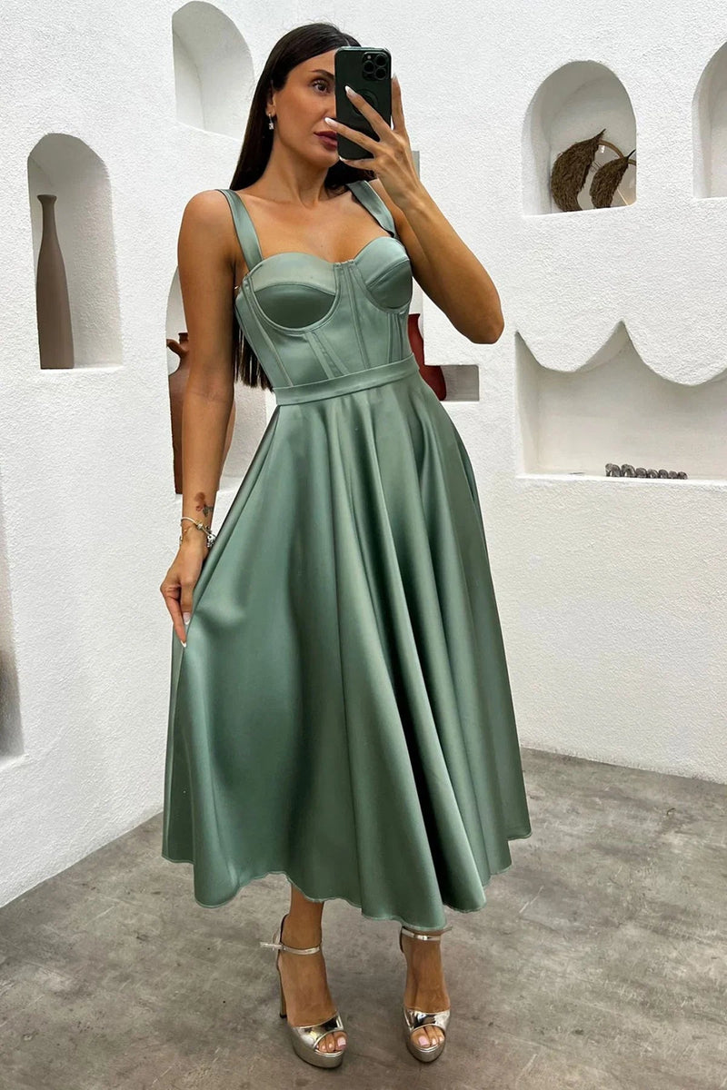 Women's Aqua Green Midi Arkadan Tie Gloplu Evening Gown,Balo,Mezuniyet Dresssi