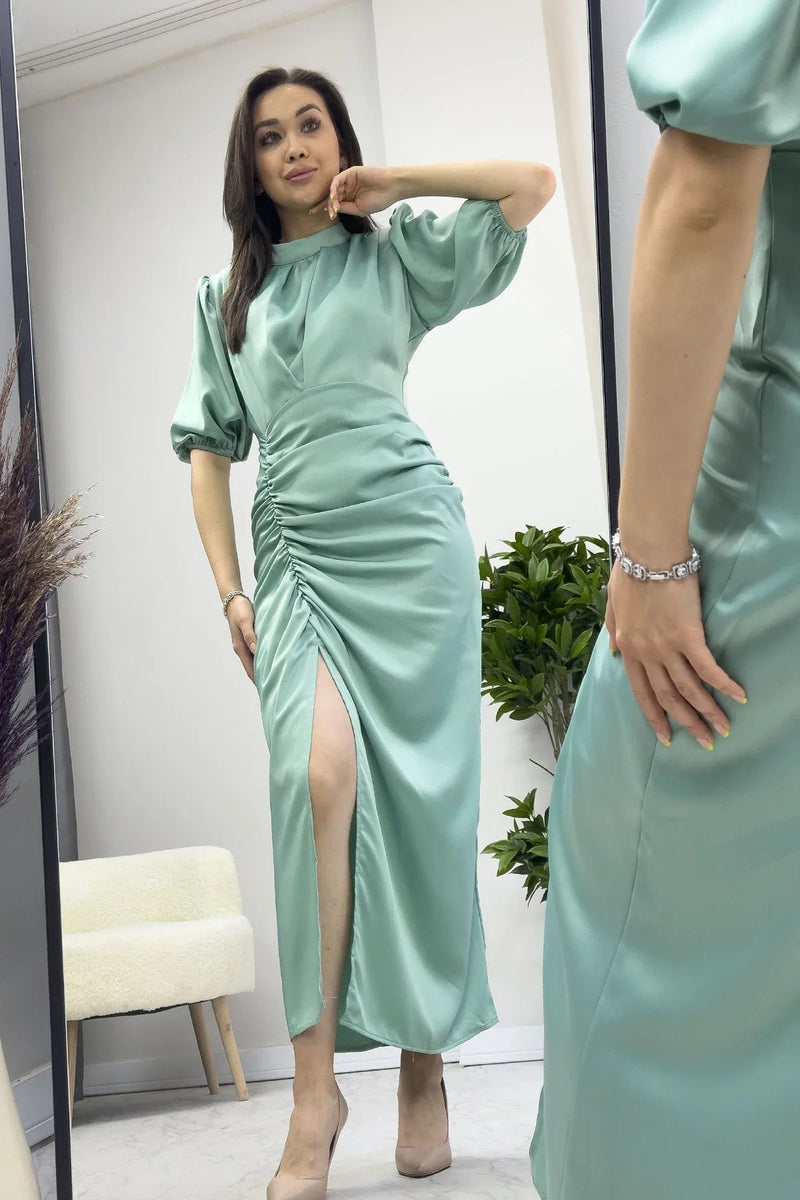 Women's Satin Balloon Sleeve Draped Yırtmaç Detail Evening Gown-Aqua Green