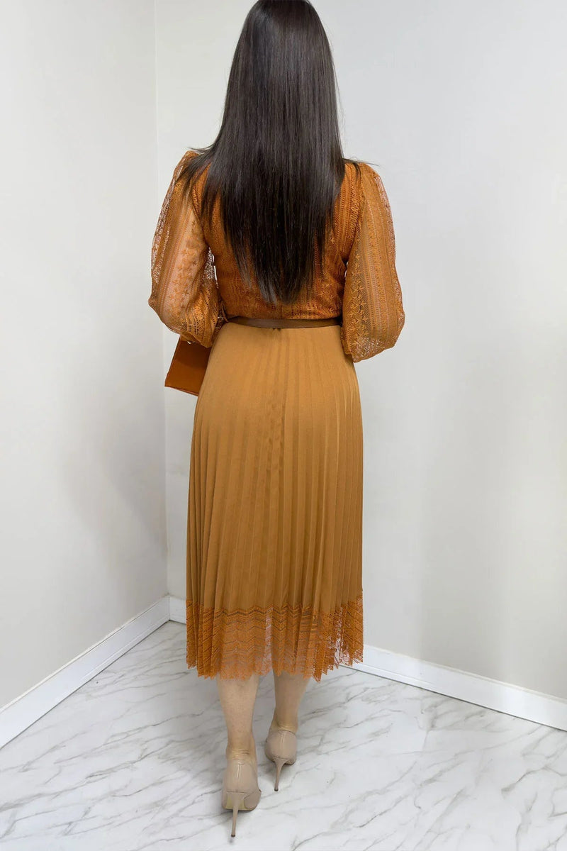 Women's Tan Halter Tie Fransız Güpür Piliseli Evening Gown