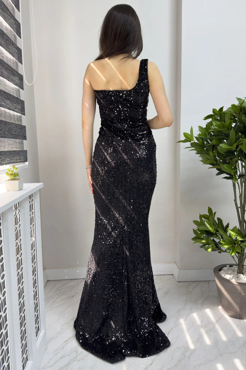 Women's Black Tek Omuz Sequin Slit Mermaid Evening Gown