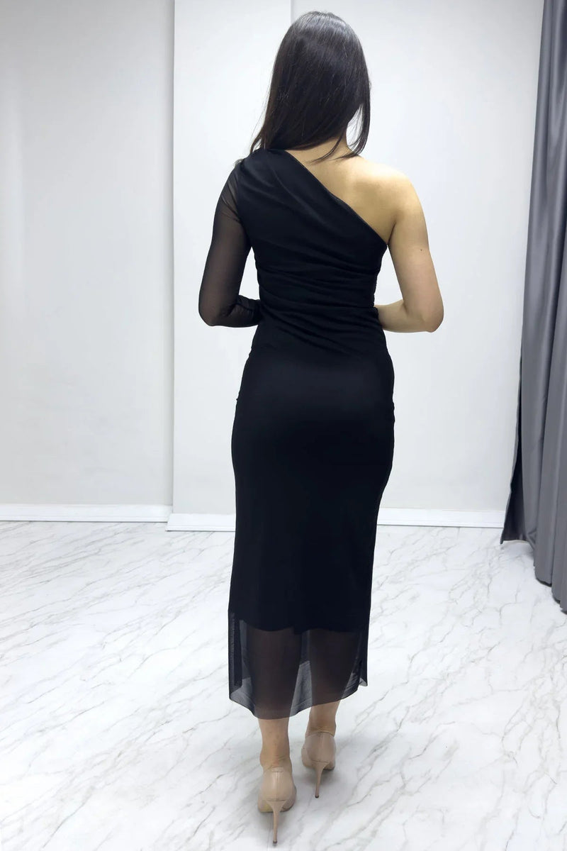 Women's Black One Shoulder Stretch Tulle Dress